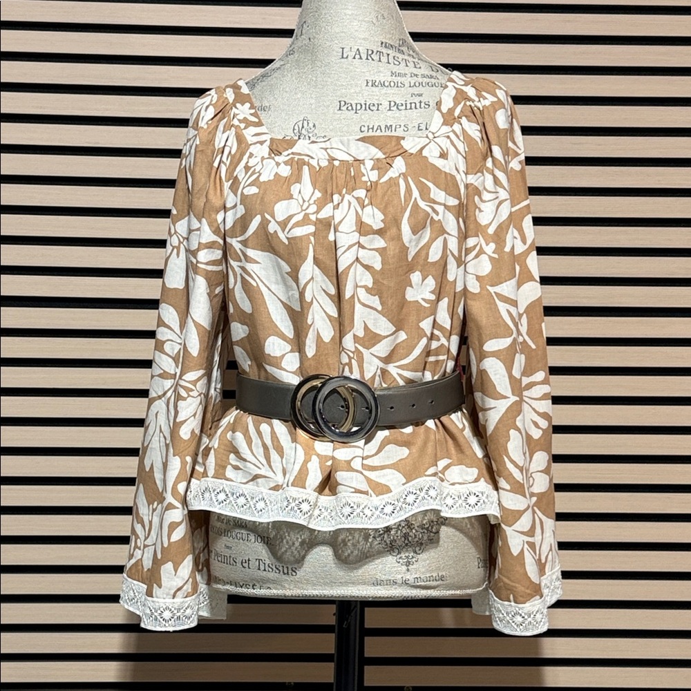 Christian Siriano Tan and White Floral Blouse